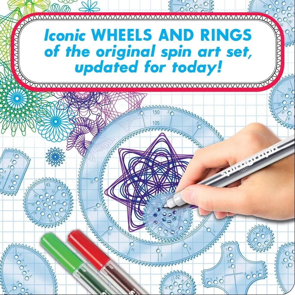 Spirograph Deluxe Set wheels, rings and pens laid out for drawing